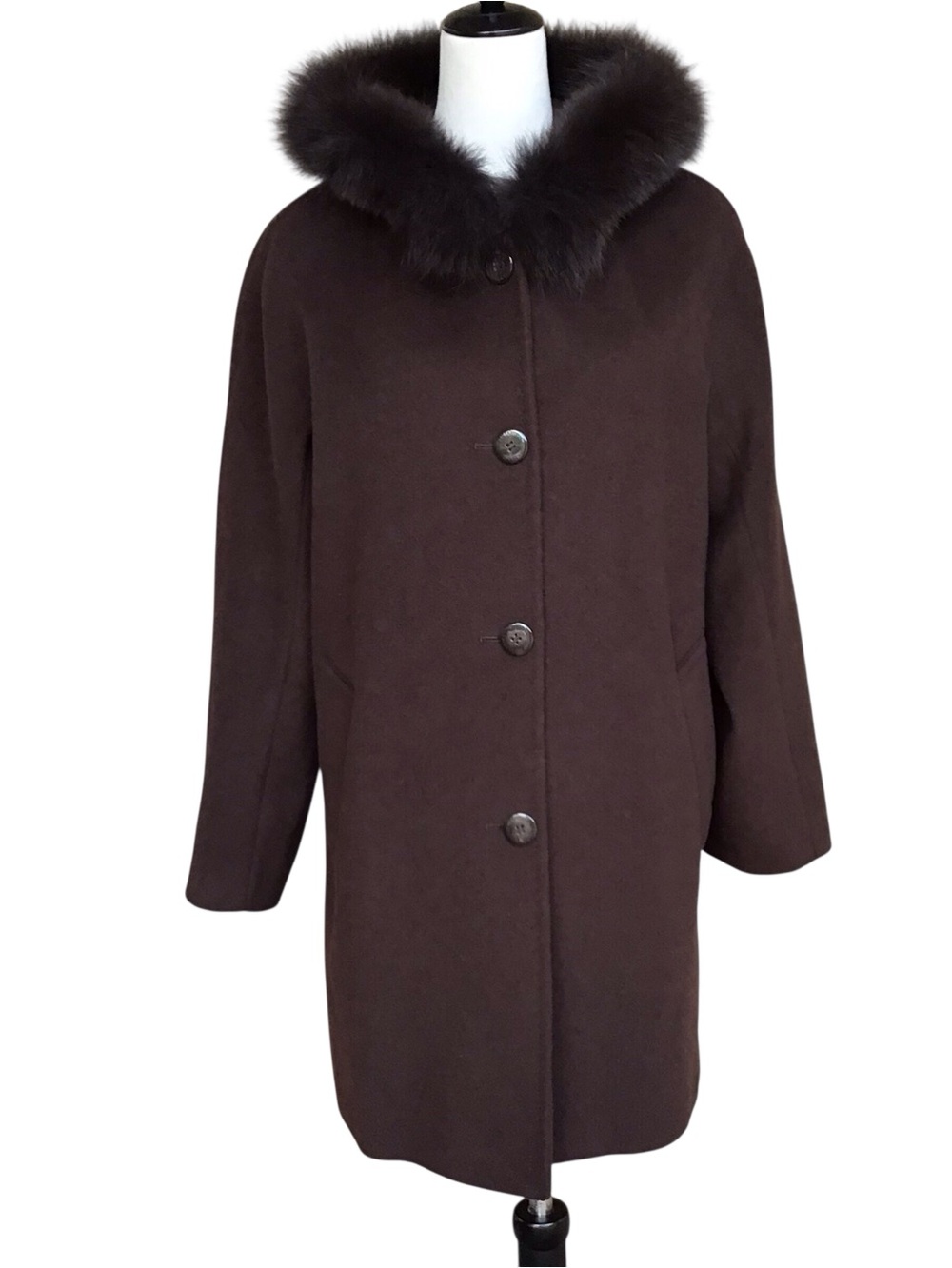 Ellen Tracy Wool Blend Hooded Coat Genuine Blue Fox Trim in Brown